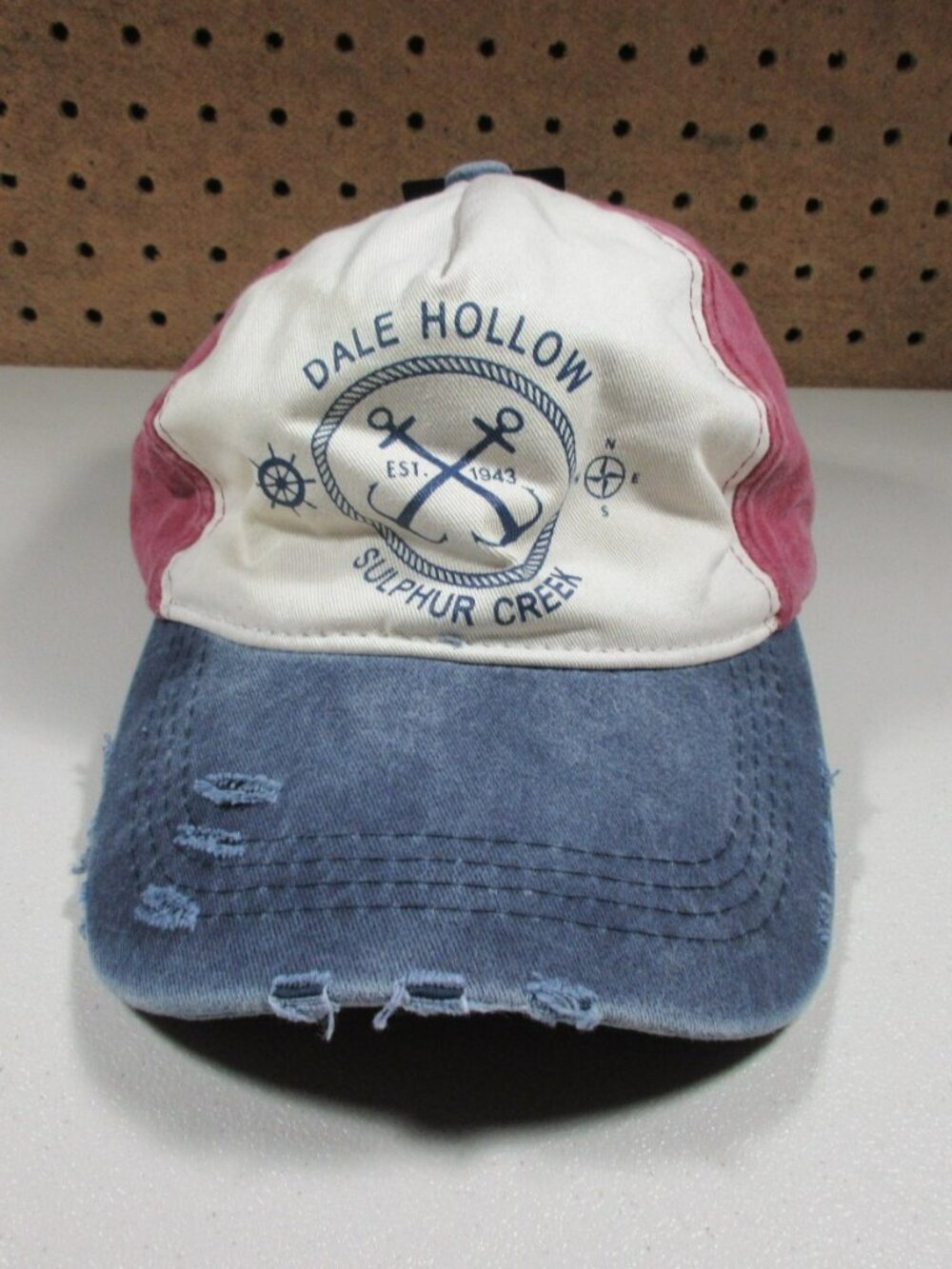 Lucky7 men red white blue Dale Hollow Sulpher Creek distressed strapback hat NWT